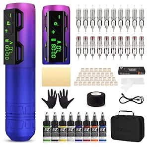 EZ Tattoo Gun Kit - Wireless Tattoo Machine Kit Complete with Rotary Tattoo Machine Pen, 20Pcs Tattoo Cartridge Needles, 1800mAh Power Supply Battery and 8 Color Tattoo Inks (P2S Purple)