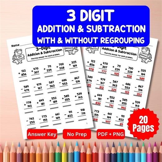 3-digit Addition & Subtraction With / Without Regrouping Worksheets | Mixed Practice | 20 Pages + Answer Key - Etsy UK