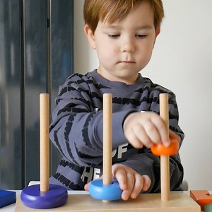 We used this stacker with three rods to play Towers of Hanoi. The rules of the game are quite simple. At the start, all the disks are on one side, with the largest disk on the bottom and the smallest on the top. The object of the game is to move all the disks over to the other side. You can only move one disk per move, and you can only move the top disk on a stack. Disks can only be moved to empty stacks or on top of larger disks. Parents can play this game too, just add extra discs. Get your st