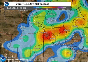 ⛈️Showers and thunderstorms will develop today. Some storms may become strong to severe with gusts to 60 mph, hail, and heavy rain. Blowing dust may reduce visibility near storms. Graphic shows timing and location of most likely storm development through tonight. | US National Weather Service Boise Idaho