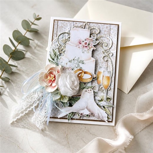 Handmade Wedding Card, Romantic Bridal Greeting Card, Luxury 3D Wedding Card, Shabby Chic Wedding Gift, Elegant Lace Card, Garden Wedding