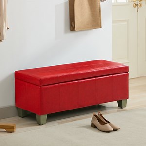 41'' Faux Leather Storage Ottoman Bench, Rectangle Upholstered End of Bed Storage Bench, Stitch Tufted Bedroom Bench with Storage, Entryway Large Storage Ottoman with Wooden Legs, Red