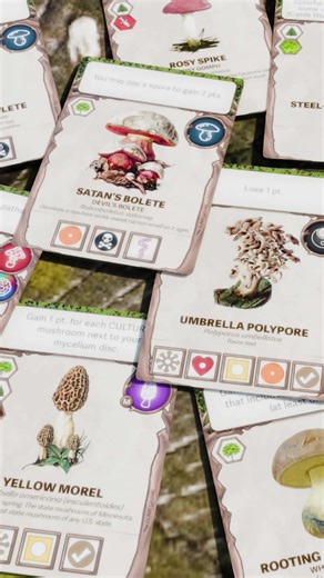 🍄 Each card is a real-life species. 🍄‍🟫 The map gets covered with 3D mushrooms. 🧠 Clever combos. Thinky fun. 🤩 Level-up to unlock special powers. ⬇️ Reserve now to get an exclusive VIP offer | Caps & Stems: a Board Game about Mushrooms