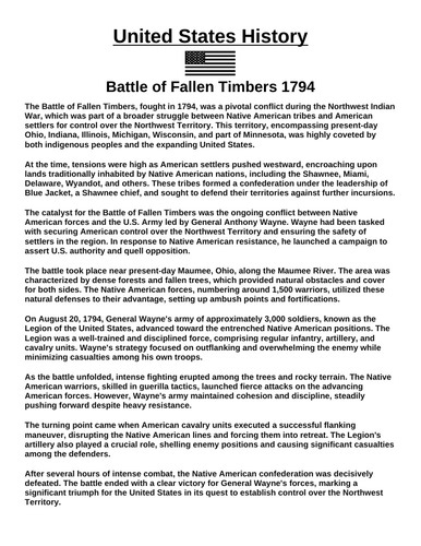 Battle of Fallen Timbers 1794 “Article & Questions” Assignment | Teaching Resources