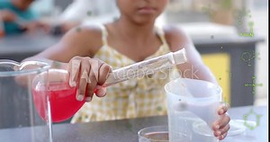 Pouring red liquid into beaker, child conducting chemistry experiment, chemical formulas over