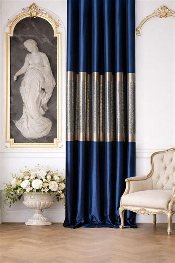 Navy Blue & Gold Curtains for Living Room , Luxury Custom Size Color Block Curtains for Bedroom - Etsy Australia