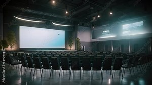 Conference hall interior with empty seats and projector screen 3D rendering, A modern training hall with chairs facing a giant stage with one big screen displaying