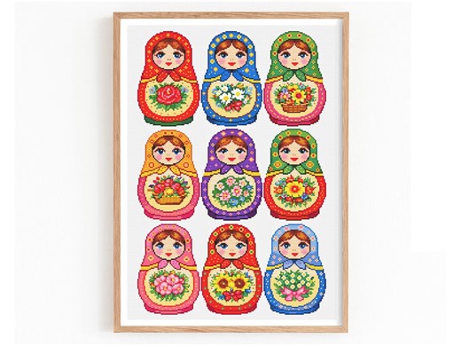 Matryoshka Dolls Cross Stitch Pattern, Floral Nesting Doll Embroidery, Folk Art Cottagecore Sampler, 9 Designs Bundle, Instant Download PDF - Etsy