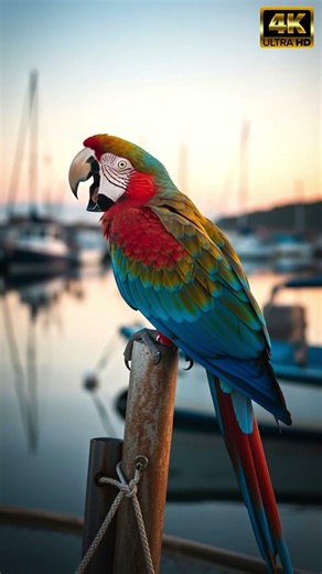 Cinematic Dawn Harbor Encounter With This Rainbow‑Hued Bird | Macaw 4K | Calm Boats & Bird Song