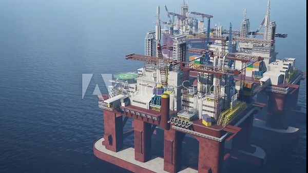 Massive offshore installation conducting fossil fuel exploitation in blue ocean. Maritime steel structure equipped with drilling machinery and shipping containers for subsea operations