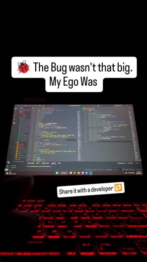 𝐏𝐫𝐢𝐲𝐚𝐧𝐬𝐡𝐮 on Instagram: "😅 The bug wasn’t big. My ego was. (Read this if you’ve ever said “this should work”) Spent hours debugging… Turns out it was: 👉 a missing semicolon 👉 a wrong variable name 👉 or a simple logic mistake Classic developer life. We assume the problem is complex. We blame frameworks, libraries, and tools. But most of the time… it’s just us. Coding teaches humility. Debugging breaks ego. If you’re in coding or programming, you’ll relate to this sooner or later. 🔖