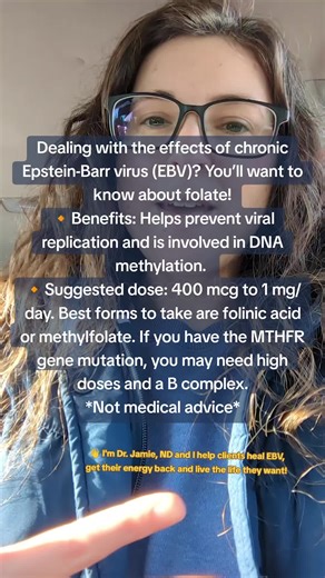 Dealing with the effects of chronic Epstein-Barr virus (EBV)? You’ll want to know about folate! 🔸Benefits: Helps prevent viral replication and is involved in DNA methylation. 🔸Suggested dose: 400 mcg to 1 mg/day. Best forms to take are folinic acid or methylfolate. If you have the MTHFR gene mutation, you may need high doses and a B complex. *Not medical advice* #epsteinbarr #epsteinbarrvirus #chronicillness #ebv