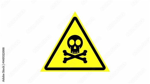 Toxic Hazard Skull Warning Sign Loop Animation with alpha channel on transparent background, showcasing a hazardous warning sign with a black skull and crossbones inside a yellow triangle.