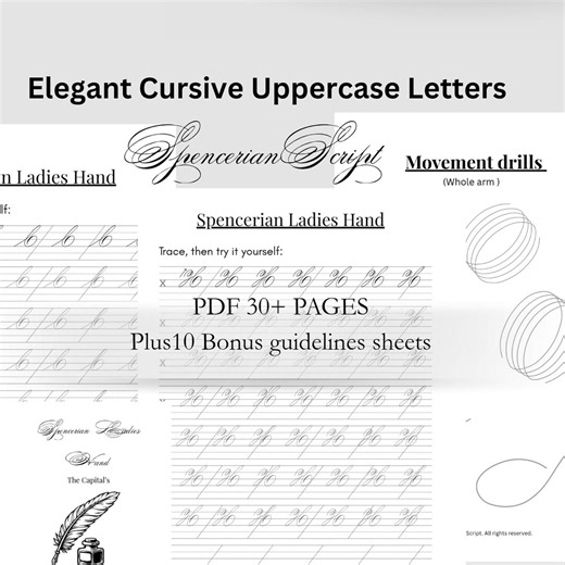 Cursive Calligraphy Practice Worksheets PDF Elegant Cursive Spencerian Workbook Printable Letter Tracing for Adults - Etsy