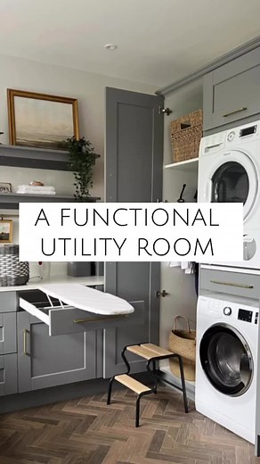 4 ideas for a functional utility room ✨ 1. Laundry Chute for easy transfer of clothing from upstairs to downstairs 2. Stacked appliances to maximise your space 3. Basket shelf creating an additional surface to allow you to load/ unload your dryer with ease 4. Pull out ironing board for easy access Credit: @lifeasmrsbuilder #homedecor #transitionaldesign #laundryroom #stayathomemom #momlife #millennial #30something #dogmom #30somethingstyle #genx #expecting #realtor #bougie #amazonhome #building1