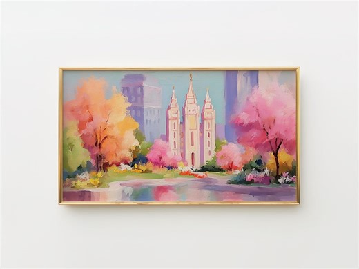 Springtime Frame TV Art, Salt Lake Temple Watercolor, Pastel Serene Landscape, Cottagecore Decor, Gentle Blooming Reflections, Digital 33 - Etsy