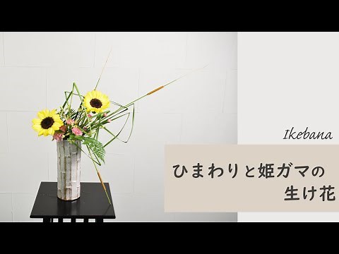 【ひまわりと姫ガマの生け花】 初心者でもコツが分かればとっても簡単！生け方の基本からアレンジまでサクッと紹介。 ikebana style Japanese flower arrangement