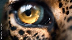 Intense closeup of a leopards mesmerizing eye, with its intricate spot design magnified and blurred in the background.