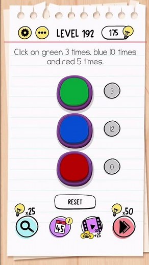 Brain Test Level 192 Answer | Click on green 3 times, blue 10 and red 5
