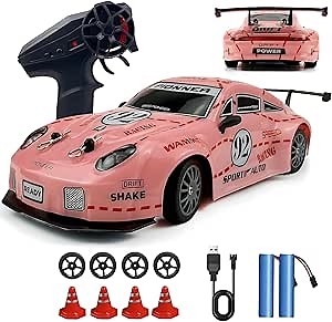 RC Drift Car 2.4GHz 1:24 Scale 4WD High Speed Remote Control Cars Vehicle with LED Lights Two Batteries and Drifting Tires Racing Sport Toy Cars for Adults Boys Girls Kids Pink