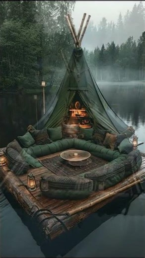 Cozy Floating Lounge in the Middle of a Misty Lake