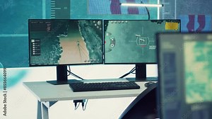 Military operations control room used in following global threats on a big screen, empty federal intelligence agency deals with international safety alerts. Government service command center.