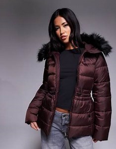 Barbour International Cher belted puffer jacket with faux fur in burgundy  | ASOS