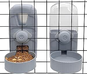 Hanging Automatic Rabbit Food and Water Dispenser for Cage, Gravity Bunny Pellet Feeder Plastic Small Animal Feeding & Watering Supplies for Ferret Puppy Kitten Guinea Pig Crate (Gray)