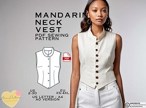 Mandarin Neck Vest Sewing Pattern: Women's Top (US Sizes 2-30) (PDF Pattern) - Etsy