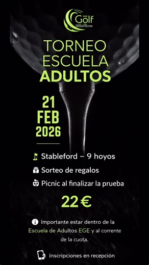 Escuela de Golf Elche on Instagram: "🎉 ¡Gran Torneo exclusivo para alumnos de la Escuela de Adultos! 🎉 ⛳ El ** Sábado 21 Febrero 2026** te esperamos para disfrutar de una jornada de golf, diversión y buen ambiente en formato 9 hoyos Individual Stableford 🏌️‍♀️🏌️‍♂️ 🎁 ¿Qué incluye la inscripción? 🍹 Cóctel previo a la entrega de premios con: Olivas, patatas, frutos secos y ensaladilla 1 bebida incluida 🎊 Sorteo de premios durante la entrega de trofeos 📲 Inscripciones https://www.golfdirect