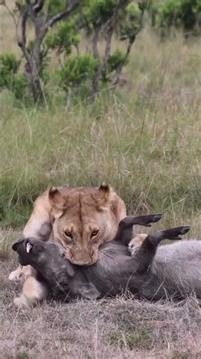 Lion preys on a warthog
