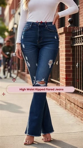 High Elastic Ripped Jeans High Waist Flared Pants Womenswear Bottom Denim Casual Trouser Streetwear#OOTD #OOTD