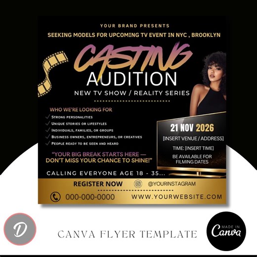 TV Casting Call Flyer Template | Editable Canva Casting Flyer | Reality Show Audition Flyer Template | Film Casting Announcement Design - Etsy