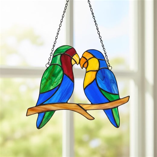 Lovebirds Stained Glass Pattern | Parrot Suncatcher Template PDF SVG PNG | Intermediate Bird Glass Art - Etsy