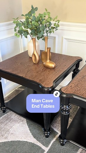 hold on to your hats because this flip was A MF ROLLER COASTER 😵‍💫🤯 This pair came from my amazing neighbor who no longer needed the set and called in the one and only flip hut to TAKE OVER 🛠️ First it was sanding through the veneer, then trying to figure out how to get the wood grain look, only to decide…I literally hated the paint color 🤡 In full blown panic mode I decided to do a 180 and go with black paint to really lean into the cigar lounge type of style 🚬 If you made it to the final