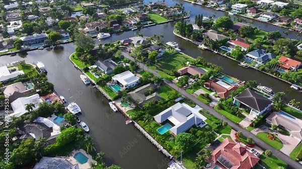 Luxurious waterfront homes with private docks along Florida Intracoastal canals. Boats and yachts line the calm water. Lush greenery surrounds modern residences with pools. Aerial.