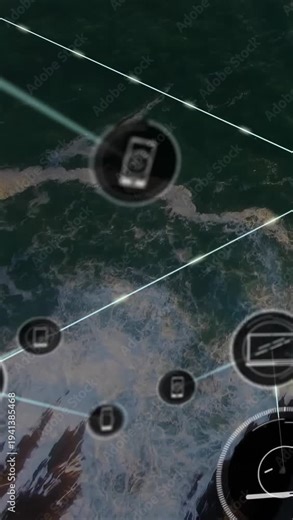 Diagonal line appearing, creating device nodes and links, spreading shore, mapping tech network