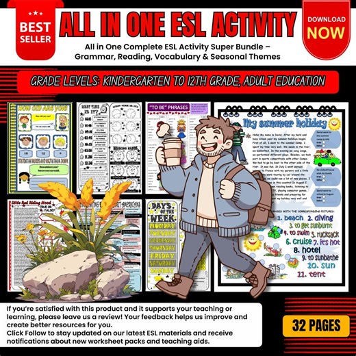 All in One Complete ESL Activity Super Bundle – Grammar, Reading, Vocabulary & Seasonal Themes Worksheet Printable - Etsy Canada