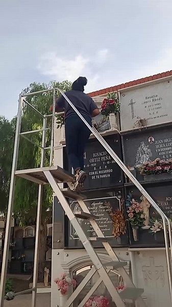 Woman Climbing Ladder in Outdoor Memorial Scene