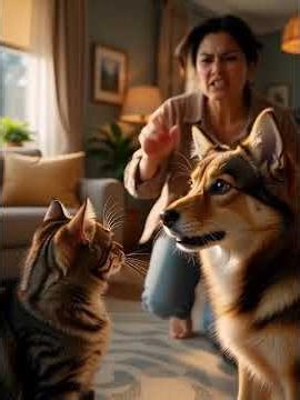 A playful cat slaps a friendly dog, #PetScene #Cinematic8K #CutePets #RealisticShot #HomeVibes