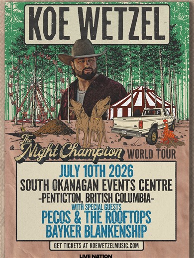 Koe Wetzel: The Night Champion Tour with Pecos & the Rooftops and Bayker Blankenship Friday, July 10, 2026 @ the South Okanagan Events Centre (SOEC) | Penticton, BC Tickets on sale now: https://bit.ly/KoeWetzelSOEC @koe_wetzel @pecosanderoofthots @baykerblankeshipmusic