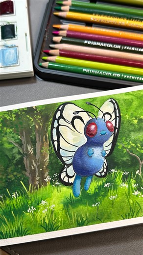 Rowan’s Creative Space on Instagram: "(Painting Process) Butterfree #012 - Butterfree has a superior ability to search for delicious honey from flowers. It can even search out, extract, and carry honey from flowers that are blooming over six miles from its nest. Loved the process, I used watercolour as the base, then introduced gouache for better layering and then finished with some prismacolour pencils for extra detail and texture. Whose should I paint next??? #butterfree #painting #pokemonart 