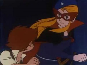 Masked woman in trouble fighting a men's stripe