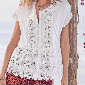 Sundance “Art of Eyelet” 100% Cotton Short Sleeve Blouse. White. XL