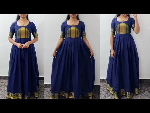 Convert Old Saree into New Gown Cutting and Stitching | Patchwork Dress Design | Pleated Gown