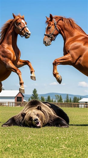 Grizzly Bear Gets Instant Karma For Messing With the Wrong Herd! #bear #horse #karma | Peter production
