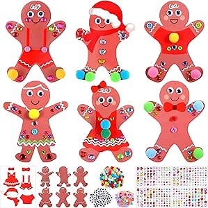 Jetec 30sets Christmas Gingerbread Man Craft Kit DIY Gingerbread Man Make Your Own Xmas Pompoms Kits Christmas Party Favor Xms Fun Home Classroom Activities