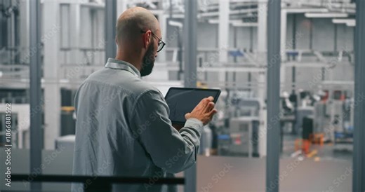 Bearded Male Engineer Analyzing Production Data Graphs on Tablet. Man Standing in Middle of Modern, Automated Manufacturing Facility. Concept of Mobile Data Analysis and Smart Factory Operations.
