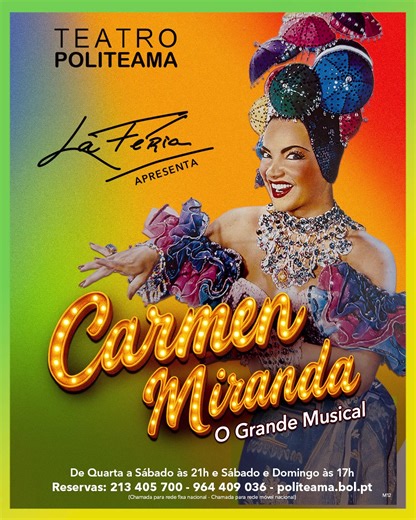 SAMBA! RITMO! ALEGRIA! CARMEN MIRANDA – O Grande Musical de Filipe La Féria é uma superprodução que celebra a vida e a arte da mais internacional das artistas luso-brasileiras! De Marco de Canaveses para o mundo, Carmen conquistou o Rio, a Broadway e Hollywood, tornando-se um ícone da música, da moda e da liberdade criativa. Um espetáculo deslumbrante, cheio de ritmo, cor e emoção! 📞 Reservas: 213 405 700 | 964 409 036 💻 Online: https://bit.ly/carmenmirandamusical?utm_campaign=meetedgar&utm_me