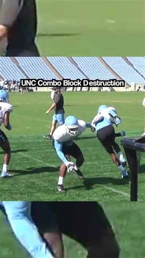 UNC Combo Block Destruction Drill. 👇How it works: Two players act as O-linemen. One D-lineman aligns on his visual key. On the snap, the O-linemen combo. The D-lineman attacks, creates knockback, stays square. As pressure hits the hip and climbs, sit on the stool, drop the hip, keep pad level low, extend arms, absorb force, control the gap, then shed.